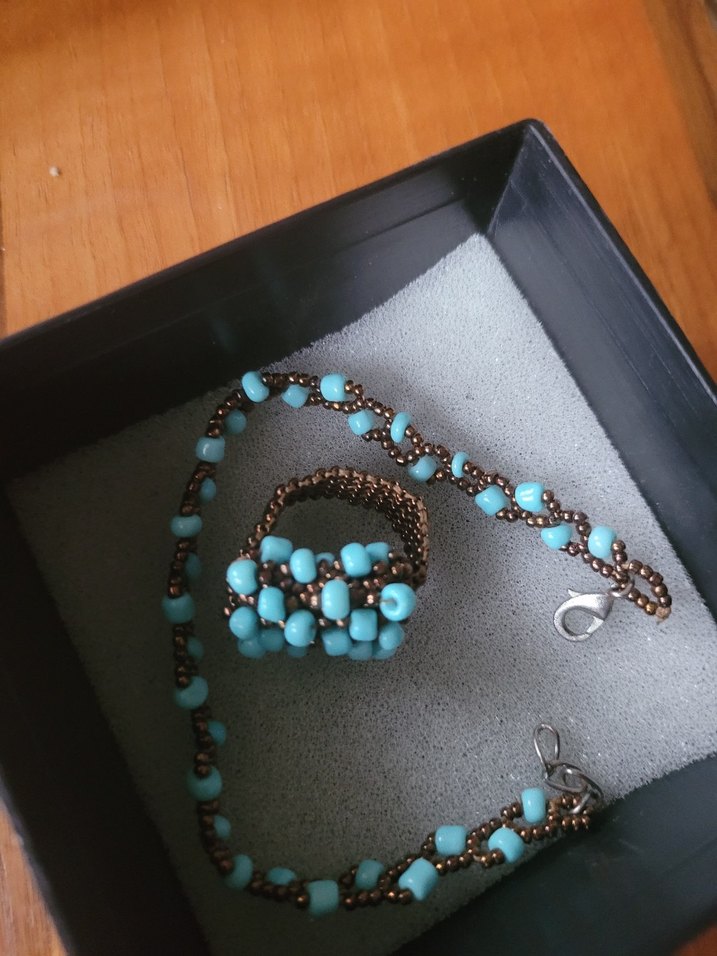 Turkuaz Boncuklu Kısa Bohem Kadın bileklik ve yüzük - Görsel 3