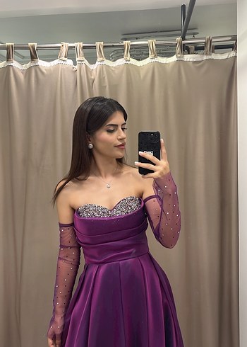 Mor Uzun Drapeli Straplez Kadın Abiye - Görsel 4