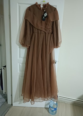 Diğer Bej Uzun Kollu Drapeli Vintage Abiye Elbise