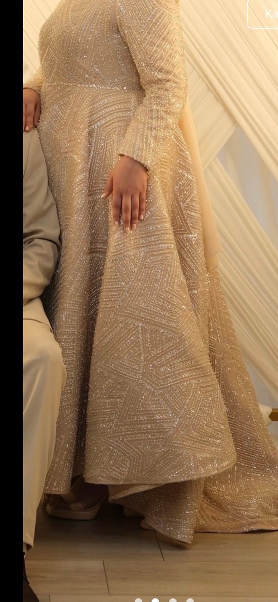 Uzun Kollu İşlemeli Bej Abiye Elbise - Görsel 2