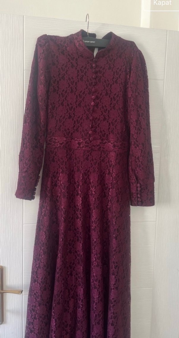 Bordo Dantel Detaylı Uzun Kollu Kadın Elbise - Görsel 2