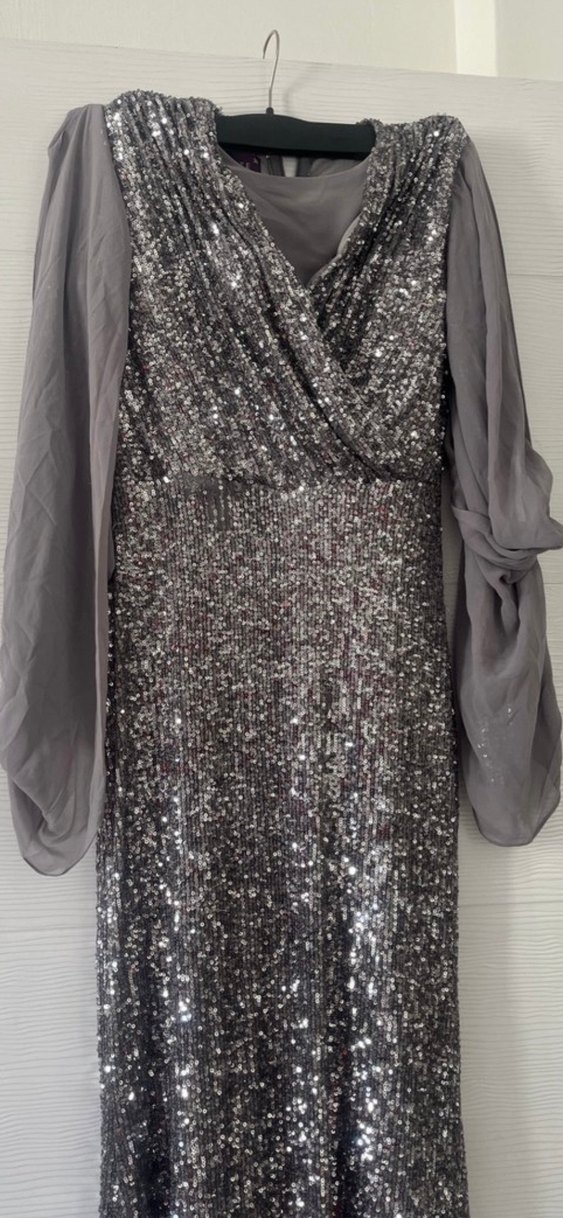 Gri Uzun Drapeli Abiye Elbise - Görsel 2