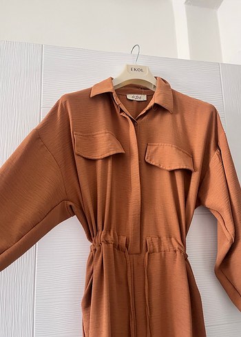 Ekol Kahverengi Kemerli Uzun Keten Elbise - Görsel 3