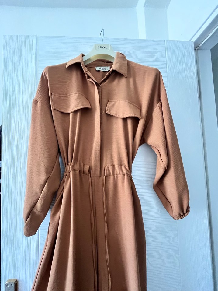 Ekol Kahverengi Kemerli Uzun Keten Elbise - Görsel 5