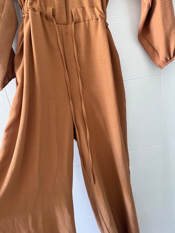 Ekol Kahverengi Kemerli Uzun Keten Elbise - Görsel 2