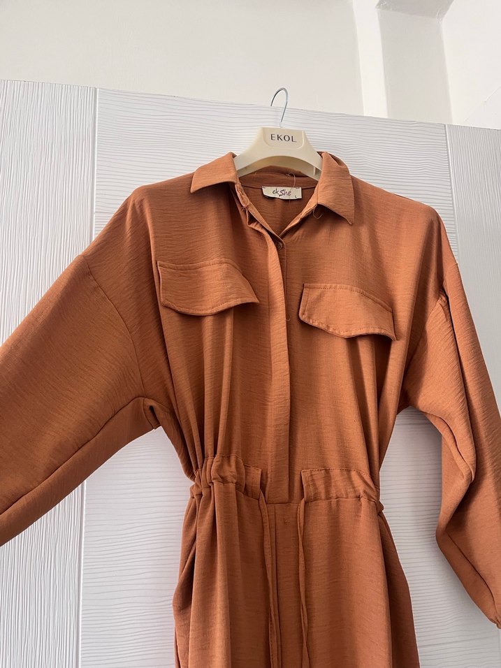 Ekol Kahverengi Kemerli Uzun Keten Elbise - Görsel 3