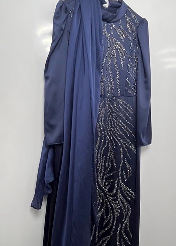 Uzun Kollu Lacivert Payetli Abiye Elbise - Görsel 3