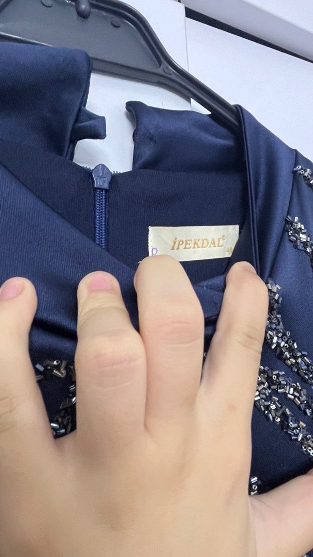 Uzun Kollu Lacivert Payetli Abiye Elbise - Görsel 5