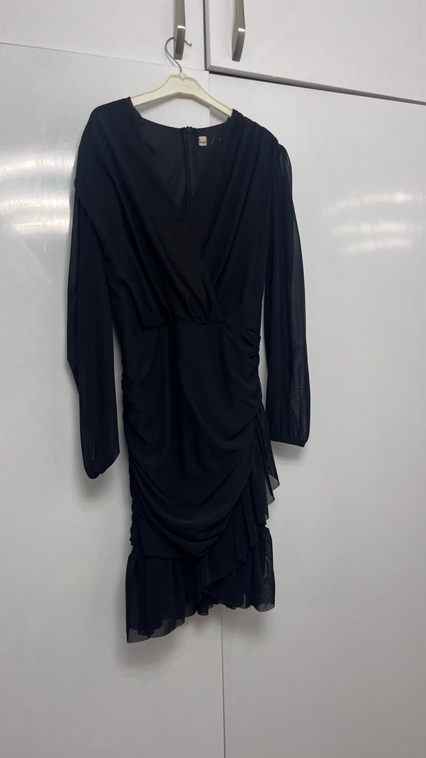 Uzun Kollu V Yakalı Siyah Gotik Elbise - Görsel 2