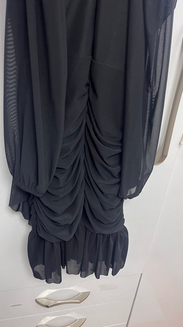 Uzun Kollu V Yakalı Siyah Gotik Elbise - Görsel 4