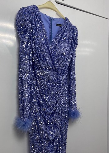 Uzun Kollu Mor Parlak Abiye Elbise - Görsel 4