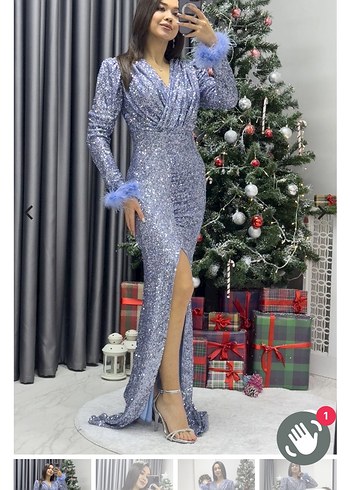 Uzun Kollu Mor Parlak Abiye Elbise - Görsel 5