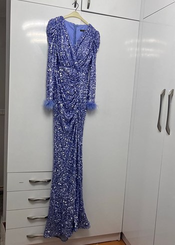 Uzun Kollu Mor Parlak Abiye Elbise - Görsel 2