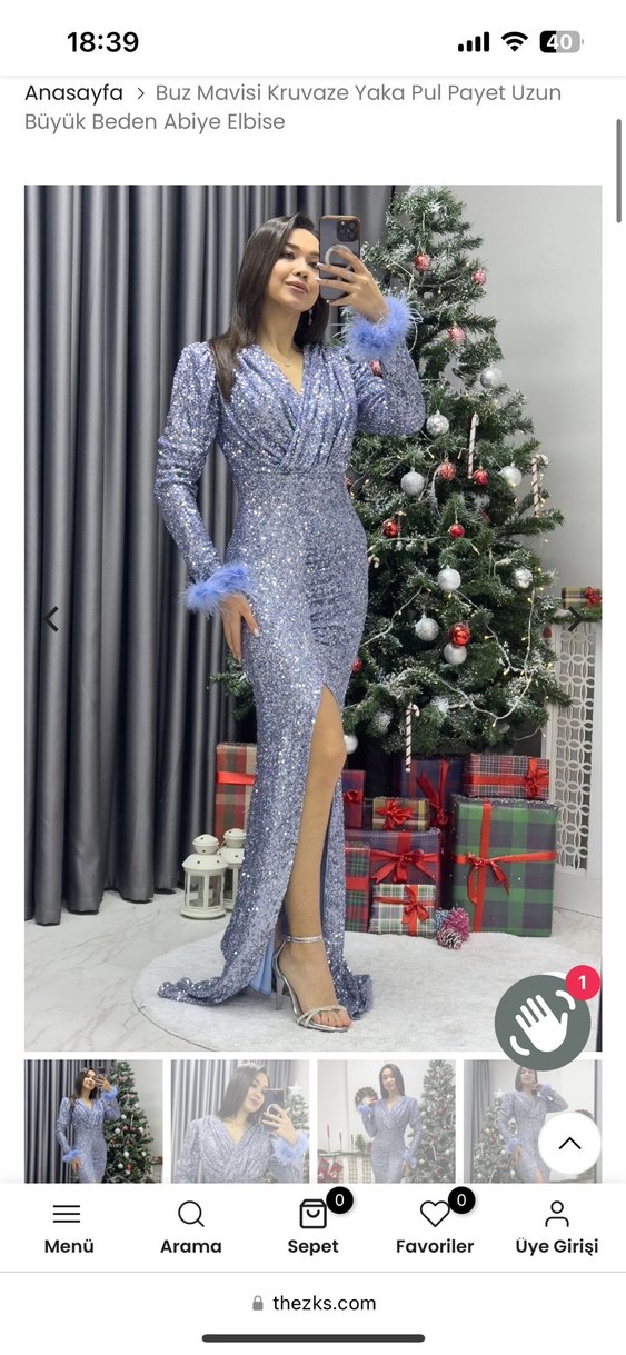 Uzun Kollu Mor Parlak Abiye Elbise - Görsel 5