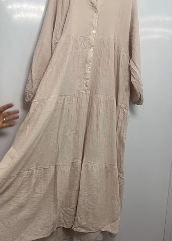Bej Düğmeli Uzun Keten Elbise - Görsel 2