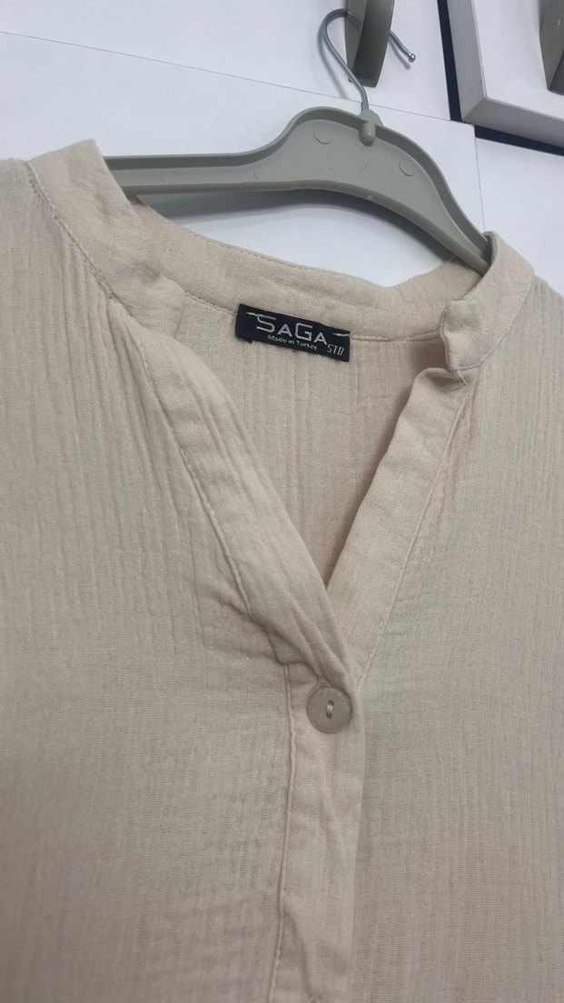 Bej Düğmeli Uzun Keten Elbise - Görsel 3