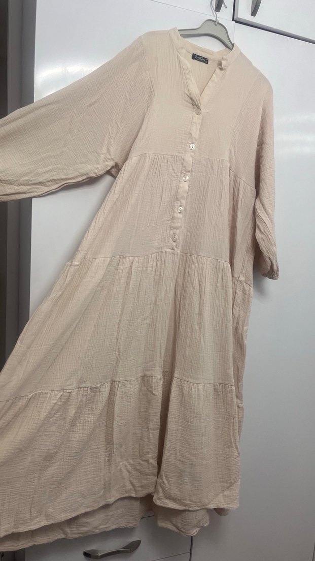 Bej Düğmeli Uzun Keten Elbise - Görsel 4