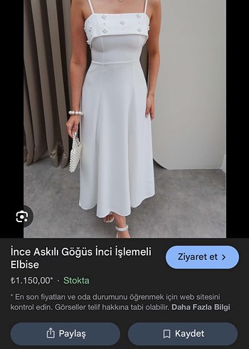 İnci Detaylı Beyaz Uzun Askılı elbise - Görsel 3