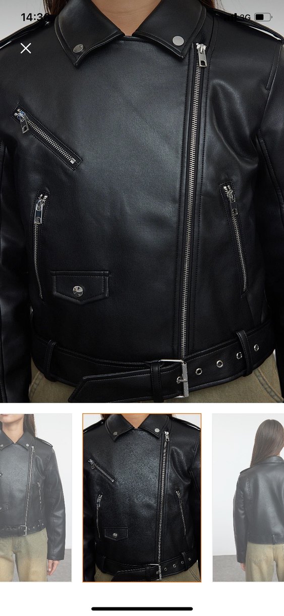 Kadın Siyah Deri Kemerli Biker Ceket - Görsel 2