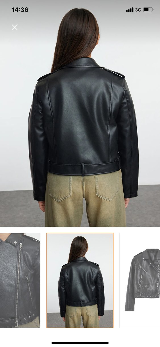 Kadın Siyah Deri Kemerli Biker Ceket - Görsel 3