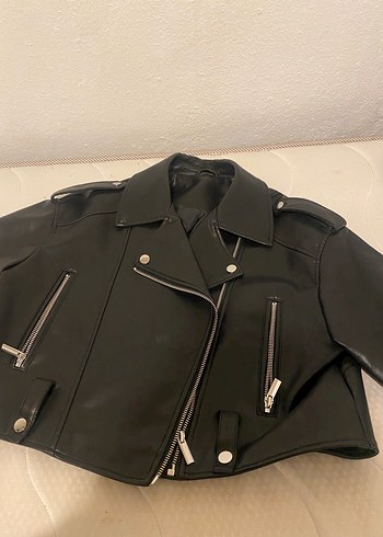 Kemerli Siyah Deri Kadın Biker Ceket - Görsel 2