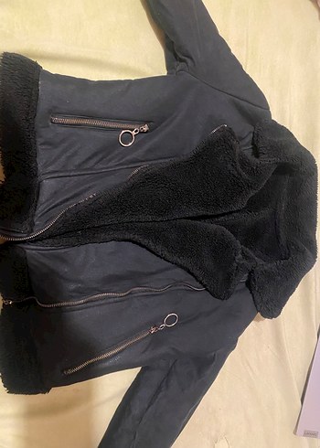 Kürklü Siyah Deri Biker Ceket - Görsel 2