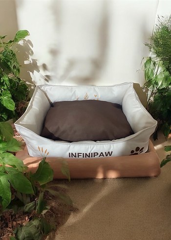 Kahverengi Yastıklı Baskılı Beyaz Kedi Köpek Yatağı - Görsel 3