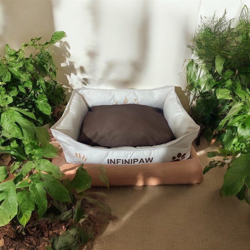 Kahverengi Yastıklı Baskılı Beyaz Kedi Köpek Yatağı - Görsel 3