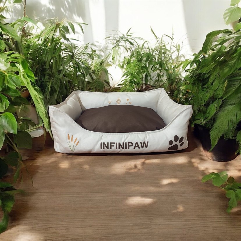 Kahverengi Yastıklı Baskılı Beyaz Kedi Köpek Yatağı - Görsel 2