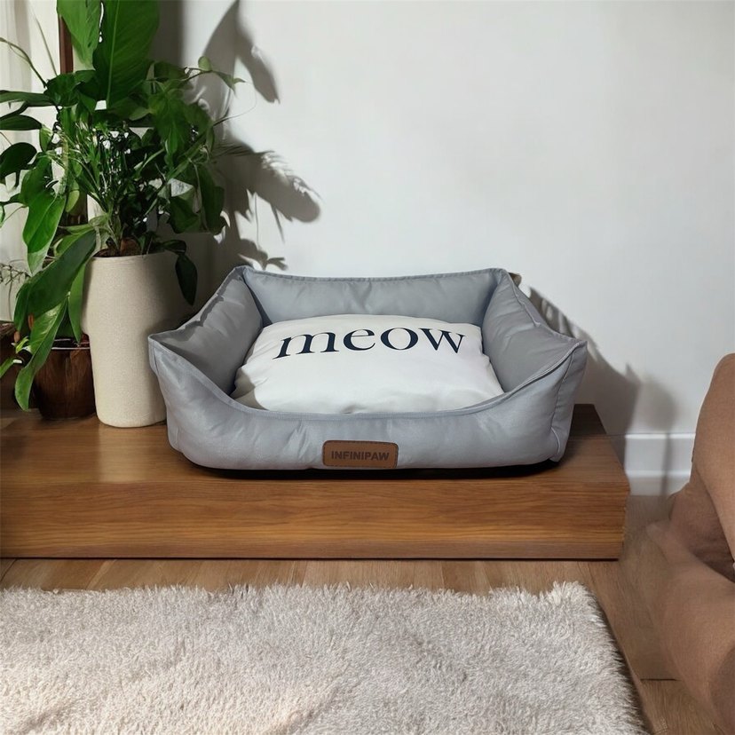 Gri Kedi Yatağı ve Meow Yazılı Yastık - Görsel 2
