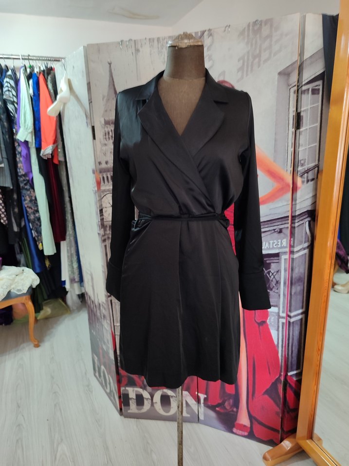 Siyah Kuşaklı Midi Ofis Elbisesi - Görsel 2