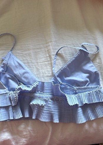 s Beden Mavi Pilili V Yaka Kısa Kadın Crop Top