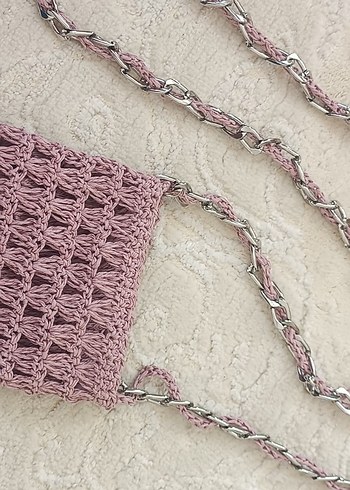 Pembe Örgü Kadın Çapraz Çanta Zincir Detaylı Telefon Çantası