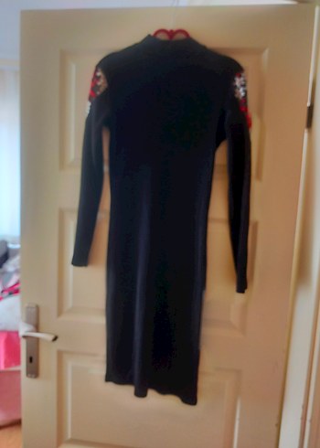 Nakışlı Siyah Uzun Kollu Triko Elbise - Görsel 4