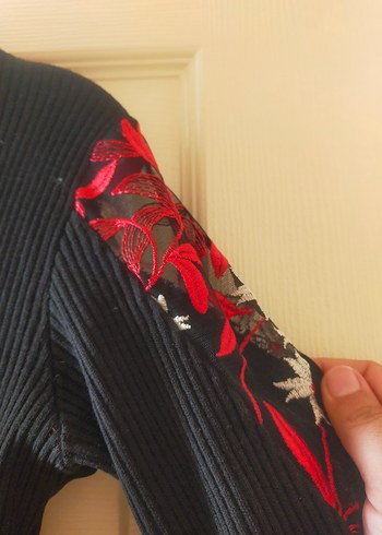 Nakışlı Siyah Uzun Kollu Triko Elbise - Görsel 2