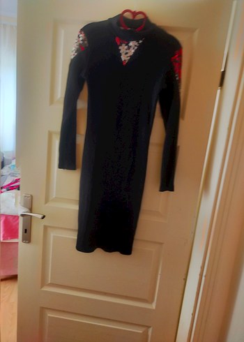 Nakışlı Siyah Uzun Kollu Triko Elbise - Görsel 5