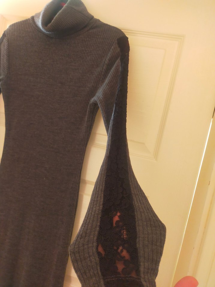 Uzun Gri Yünlü Yüksek Yakalı Kadın Elbise - Görsel 4