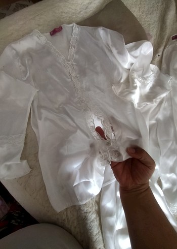 s Beden beyaz Renk Kadın Beyaz Uzun Kollu Bohem Vintage Pijama Takımı