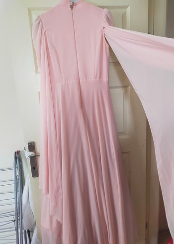 Pembe İşlemeli Yüksek Yakalı Uzun Abiye Elbise - Görsel 10