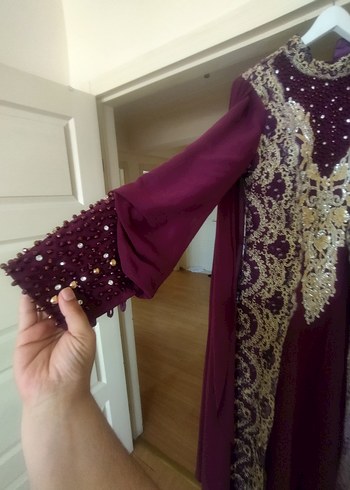 Bordo Nakışlı Uzun Henna Elbise - Görsel 9