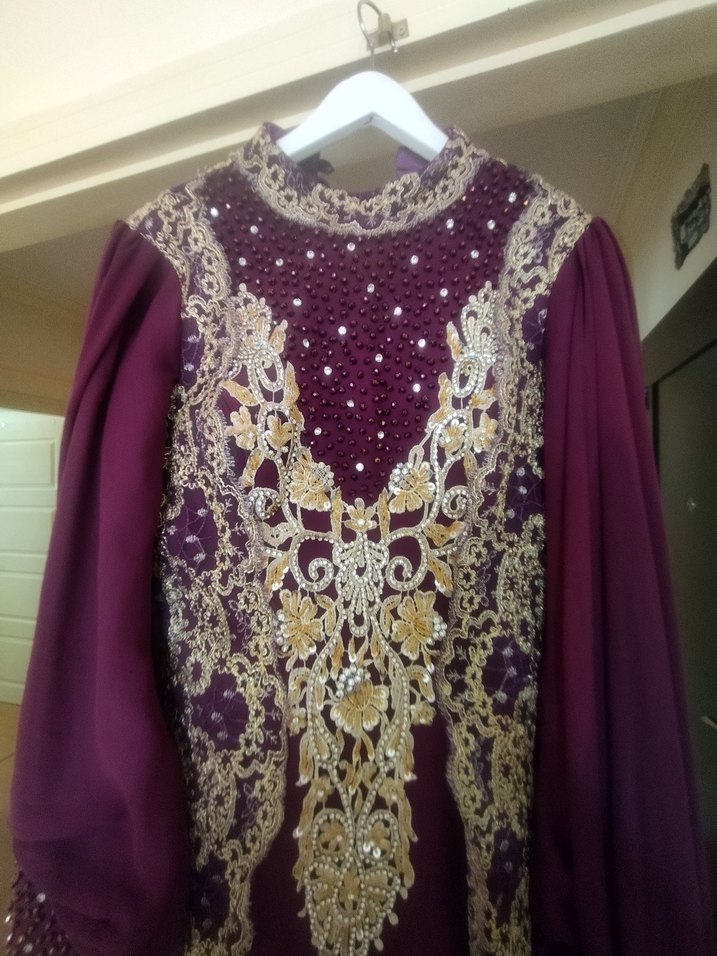 Bordo Nakışlı Uzun Henna Elbise - Görsel 5