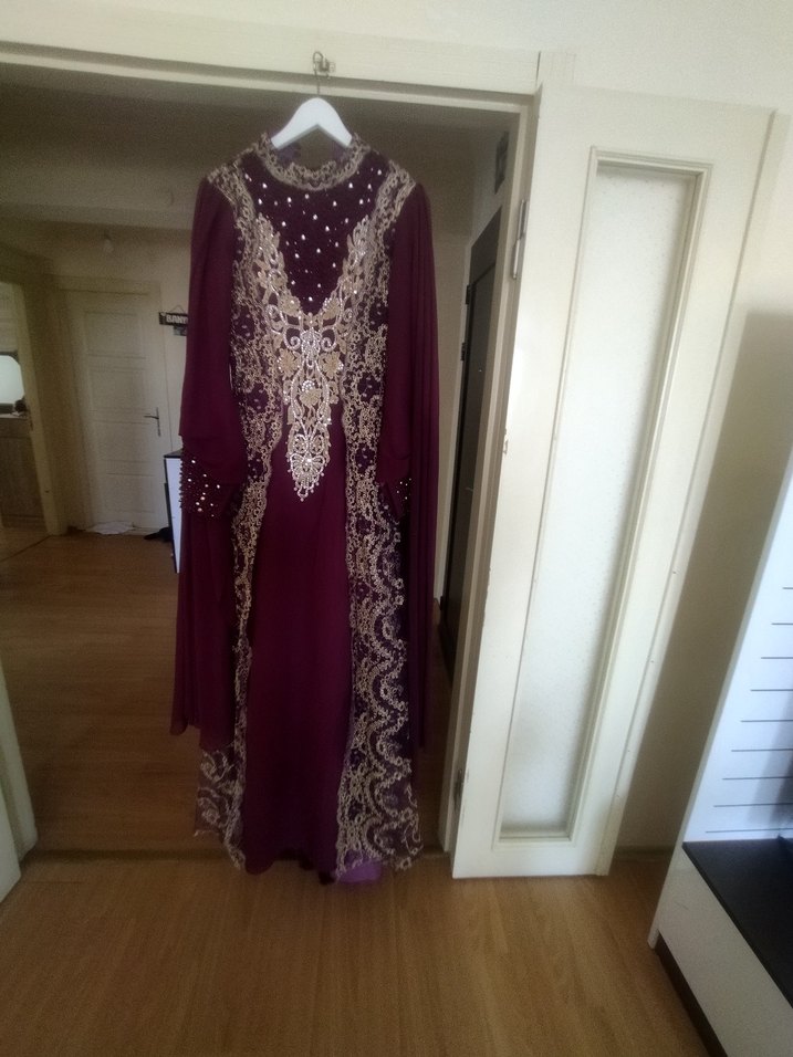 Bordo Nakışlı Uzun Henna Elbise - Görsel 3