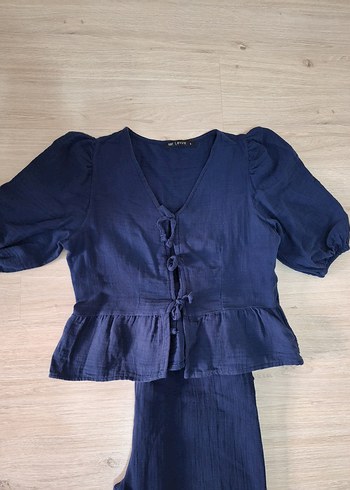 s Beden Kadın Lacivert Denim Takım V Yakalı keten kumaş