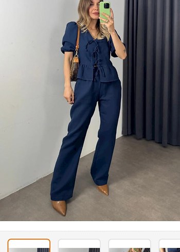 Kadın Lacivert Denim Takım V Yakalı keten kumaş