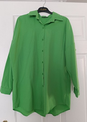 Yeşil Uzun Kollu Oversize Keten Gömlek