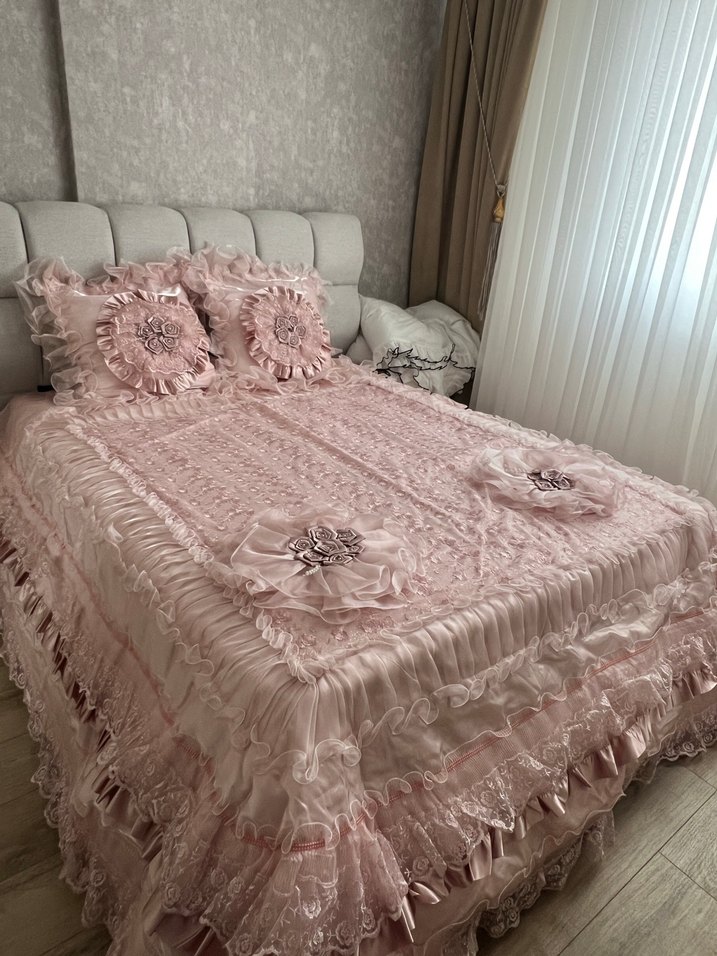 Nakışlı 3 parça ceyizlik  Pembe Yatak Örtüsü - Görsel 2