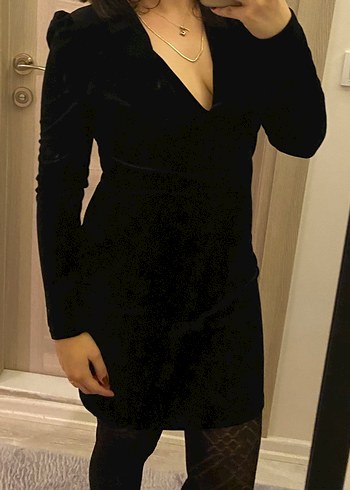 mango siyah kadifemsi V Yaka  Elbise - Görsel 4
