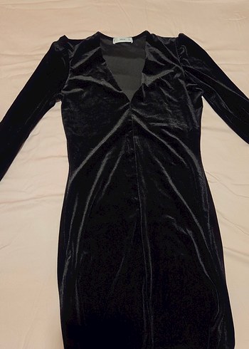 mango siyah kadifemsi V Yaka  Elbise - Görsel 5