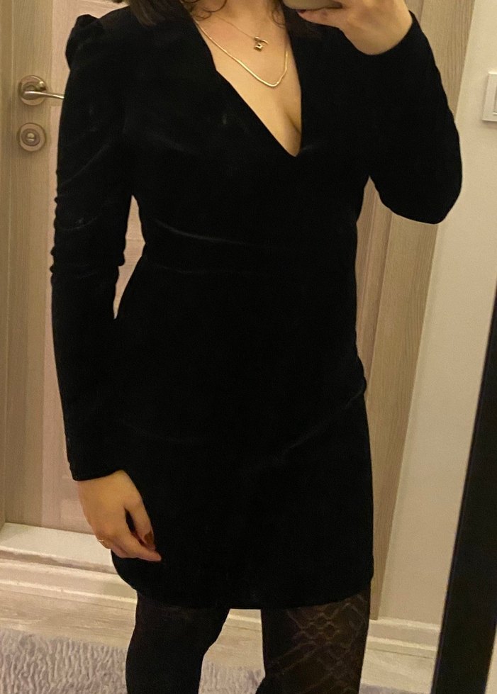 mango siyah kadifemsi V Yaka  Elbise - Görsel 4