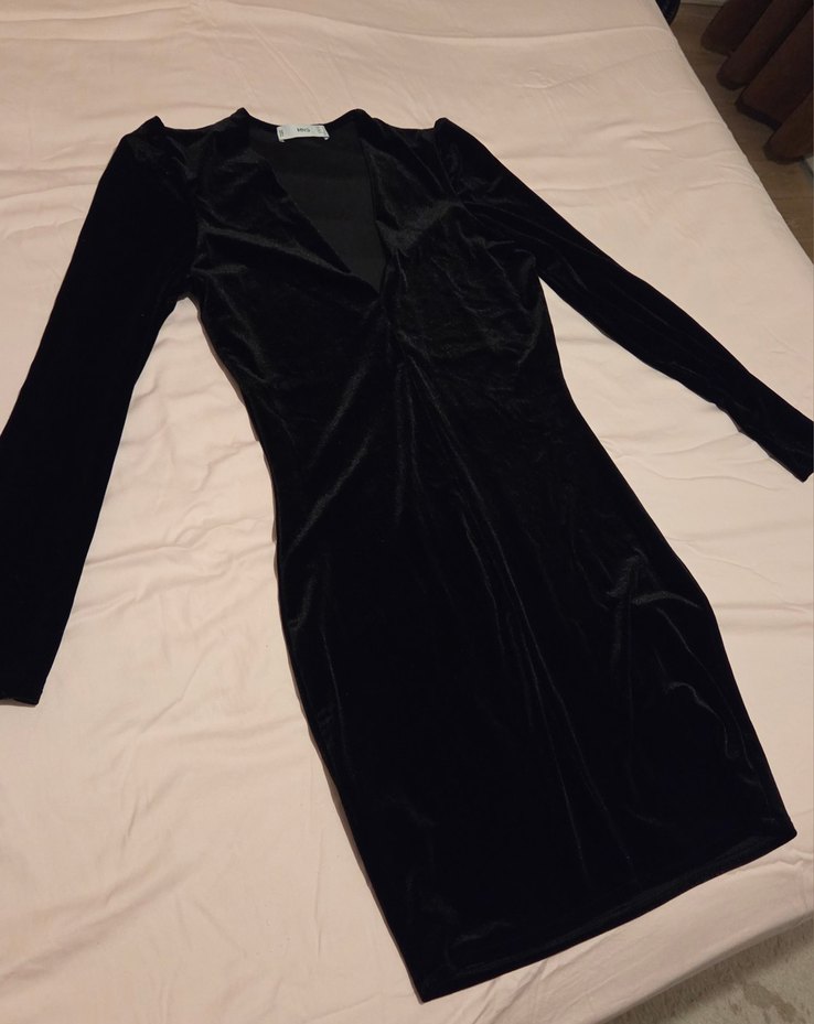 mango siyah kadifemsi V Yaka  Elbise - Görsel 3